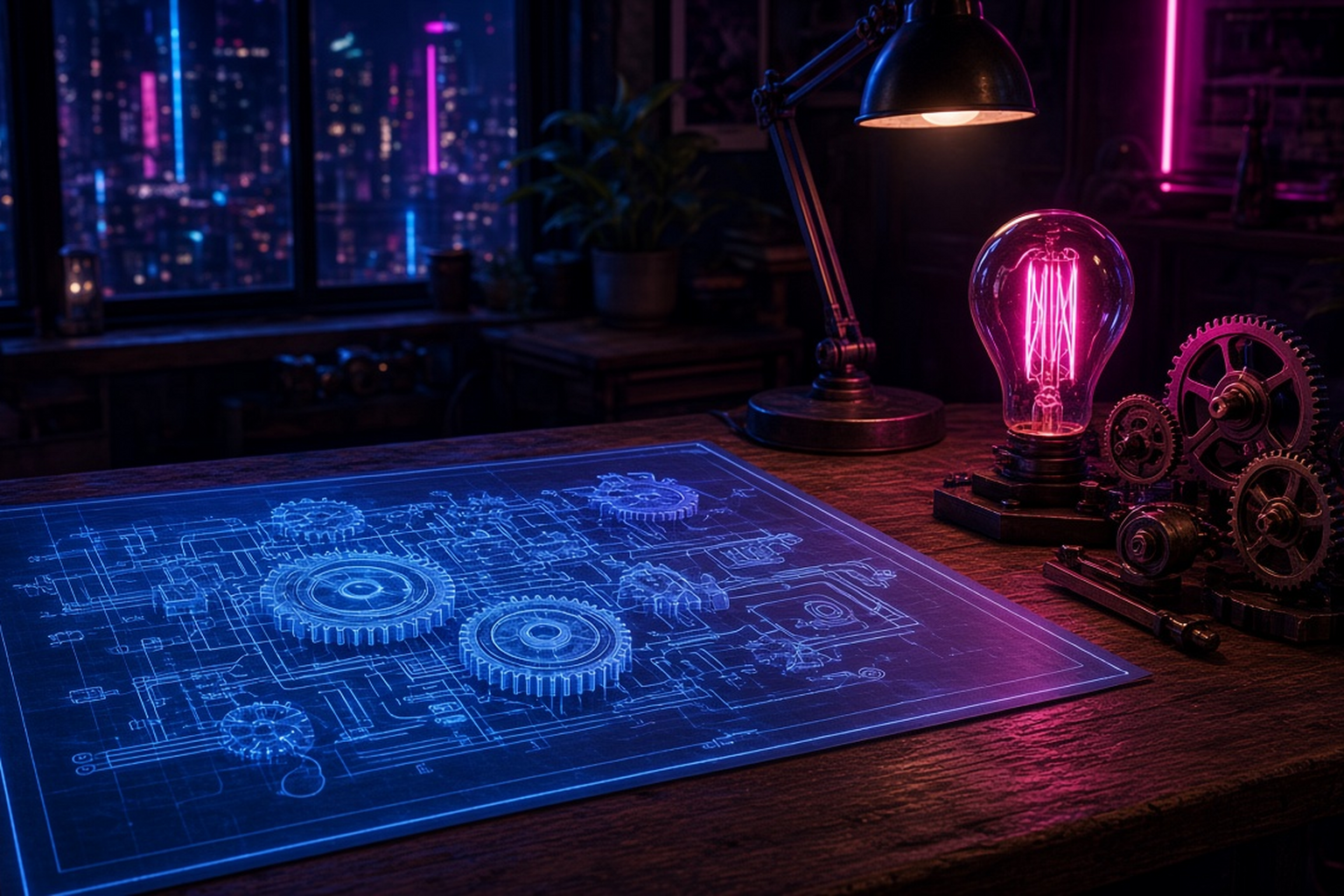 Neon-lit blueprint of gears on a workbench beside a glowing lightbulb