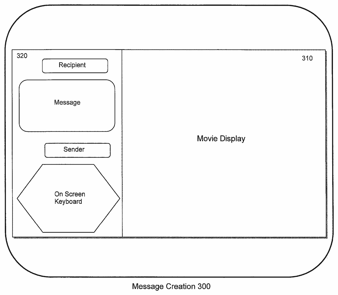 Screen layout for writing a message beside a movie display, with recipient, sender, and an on-screen keyboard